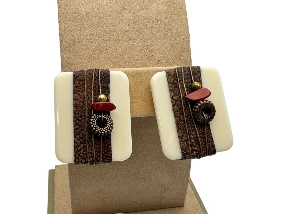 Vintage Dauplaise Clip Earrings Leather Wire Wrapped Lucite Resin Red Jasper 80s